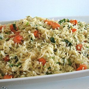 A plate with shrimp pulao.