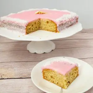 A sliced square cake.
