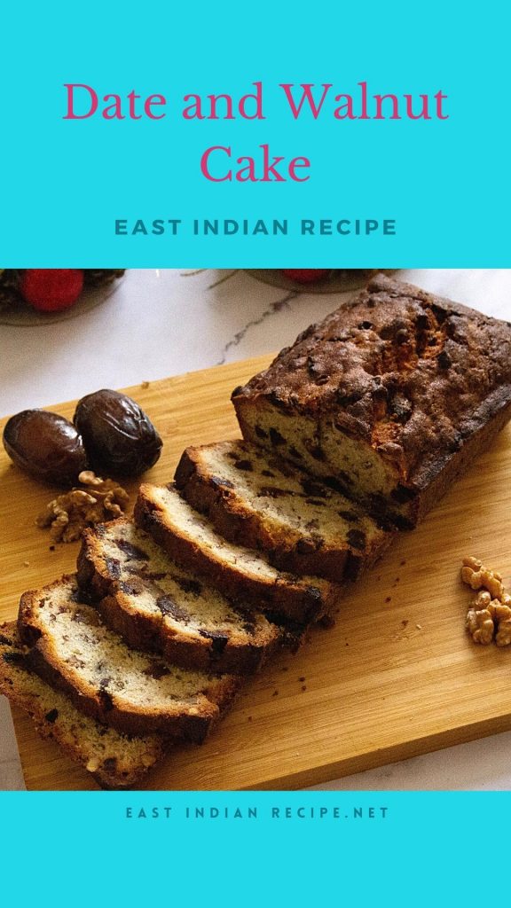 Pinterest image for cake with dates and walnuts.