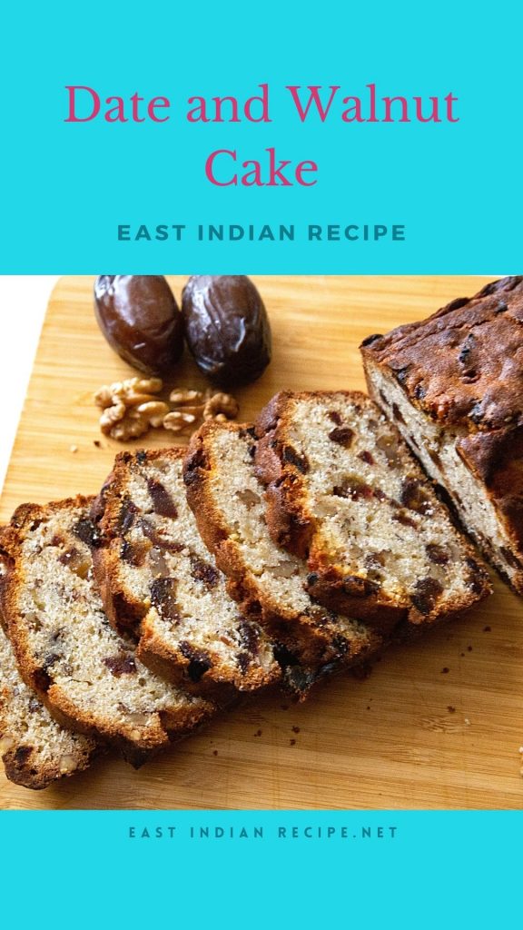 Pinterest image for date and walnut cake.