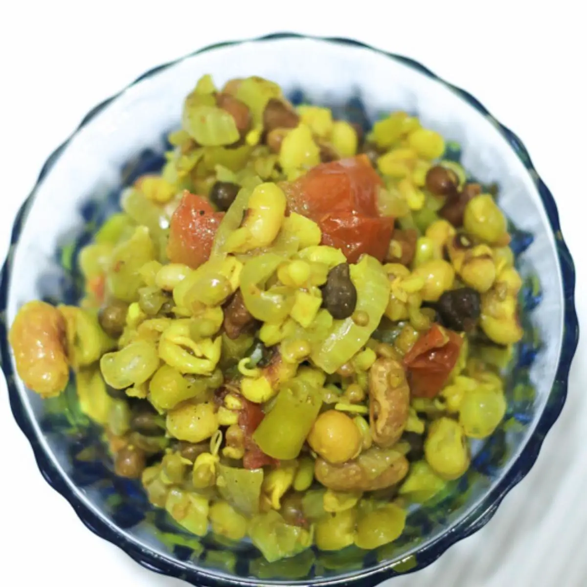 A bowl with usal sprouts.