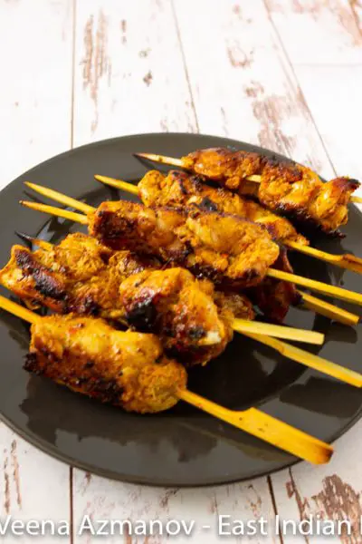 A display of kebabs made with boneless chicken