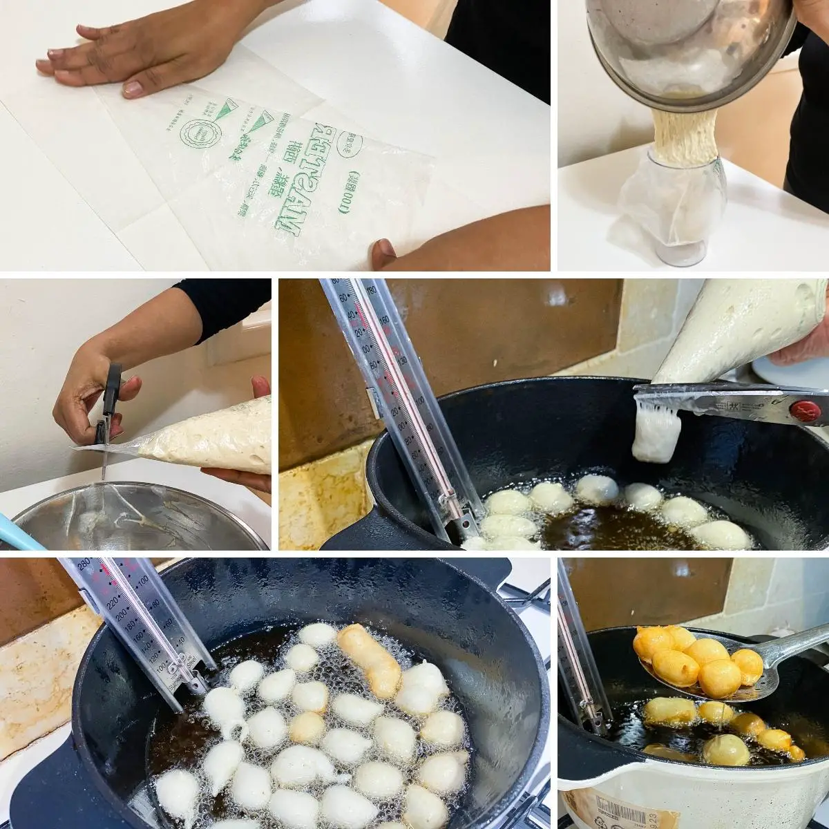 A collage of how to make fugias using a piping bag