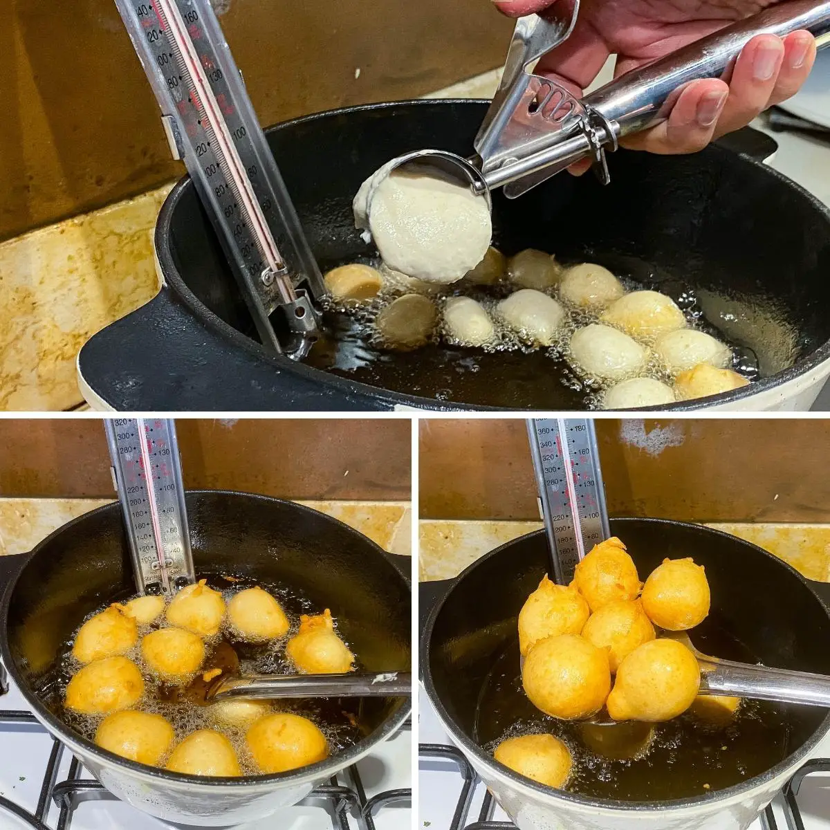 a collage showing how to make fugias using a cookies scoop