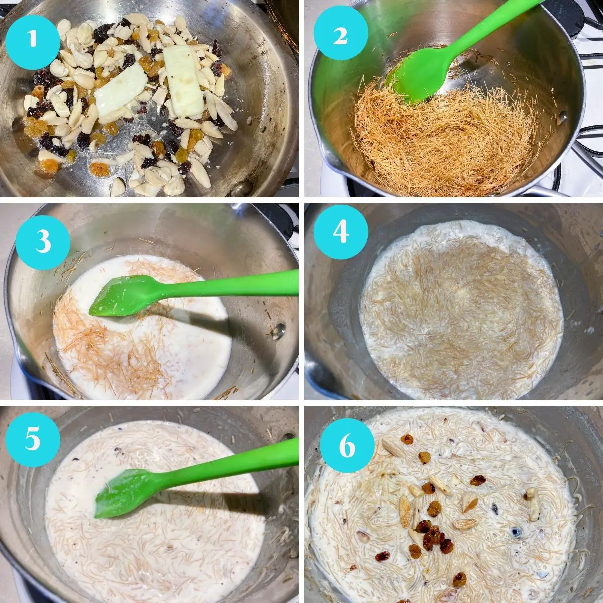 Step by step progress pictures for vermicelli pudding.