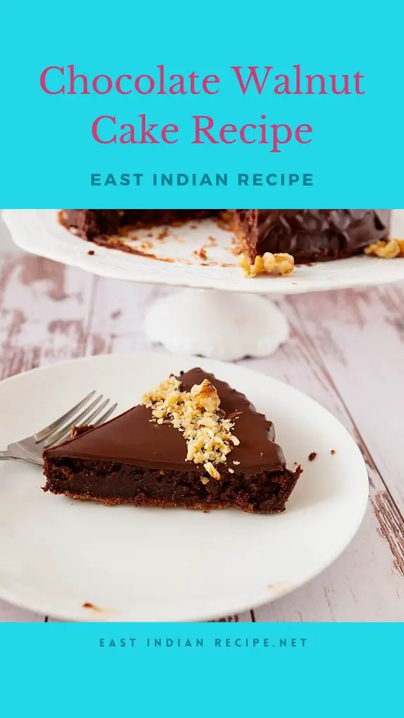 Pinterest image for chocolate cake with ground walnuts.