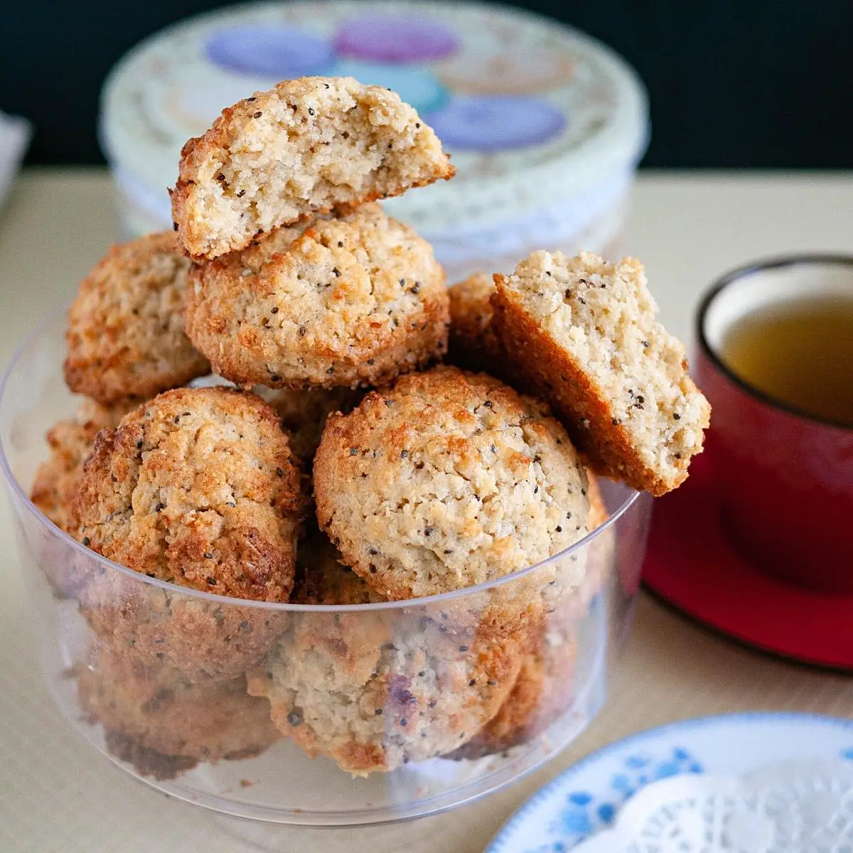 A bowl with gluten free coconut cookies.