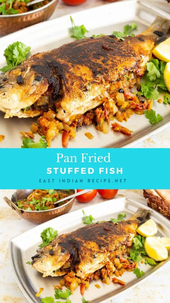 Pinterest image for fish stuffed with sautted onions.