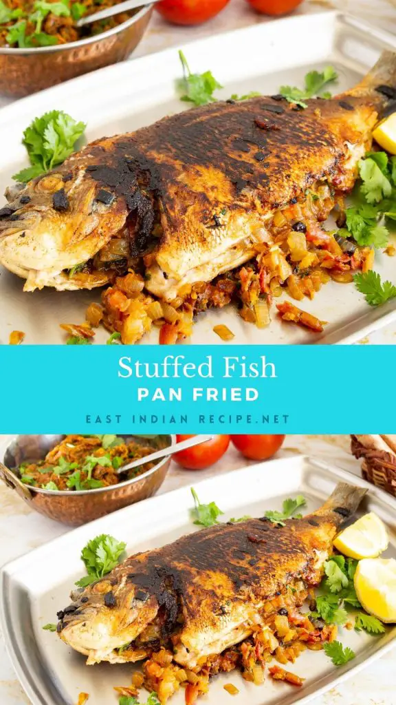Pinterest image for fish stuffed with onions.