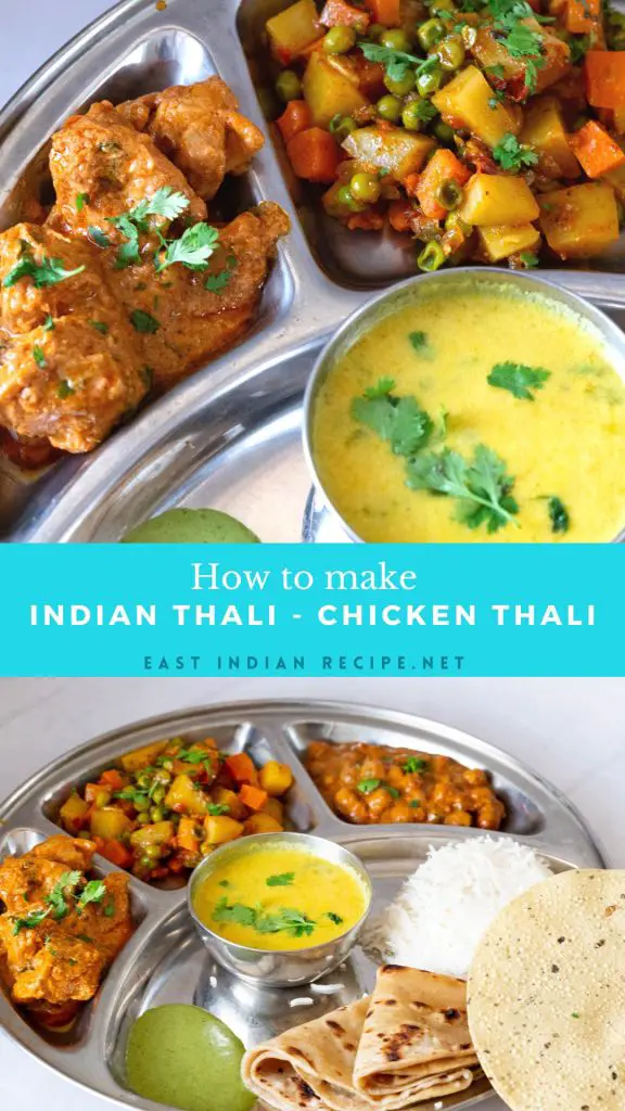 Pinterest image for Indian thali with chicken.