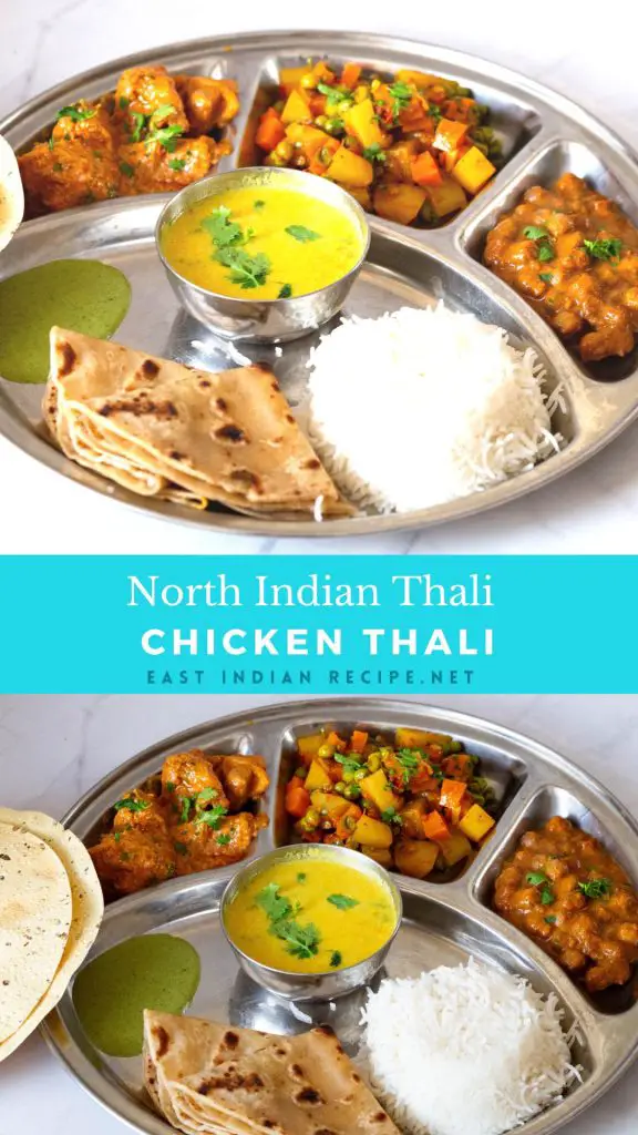 Pinterest image for Indian thali with chicken.