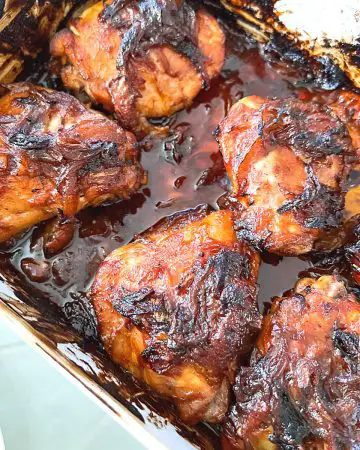 A baking dish with chicken.