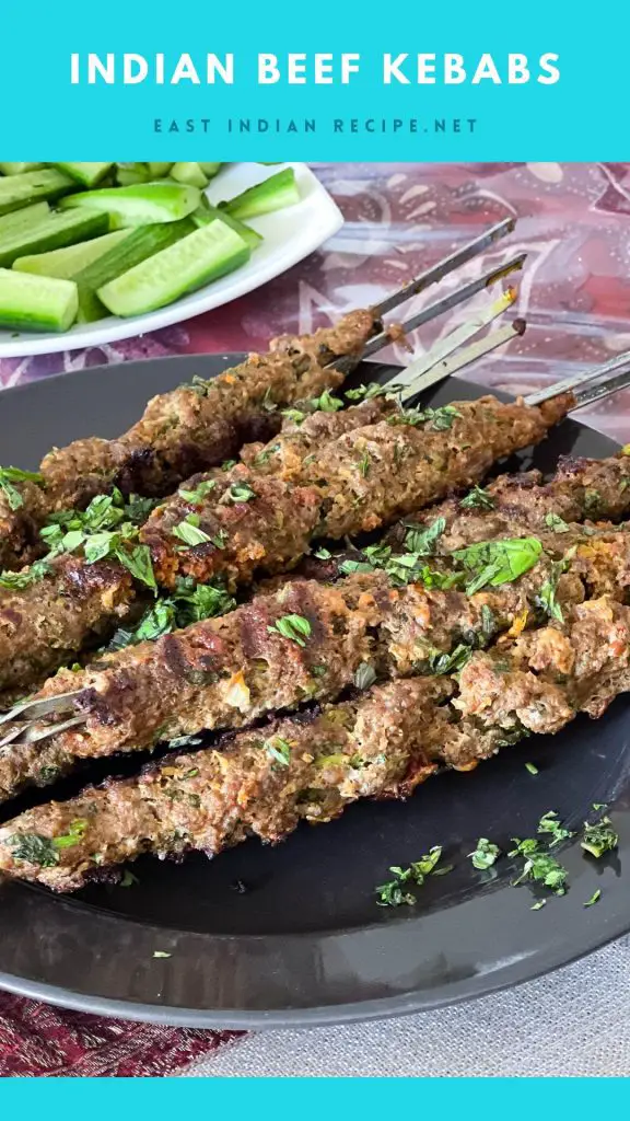 Pinterest image - plate with ground beef kebabs.