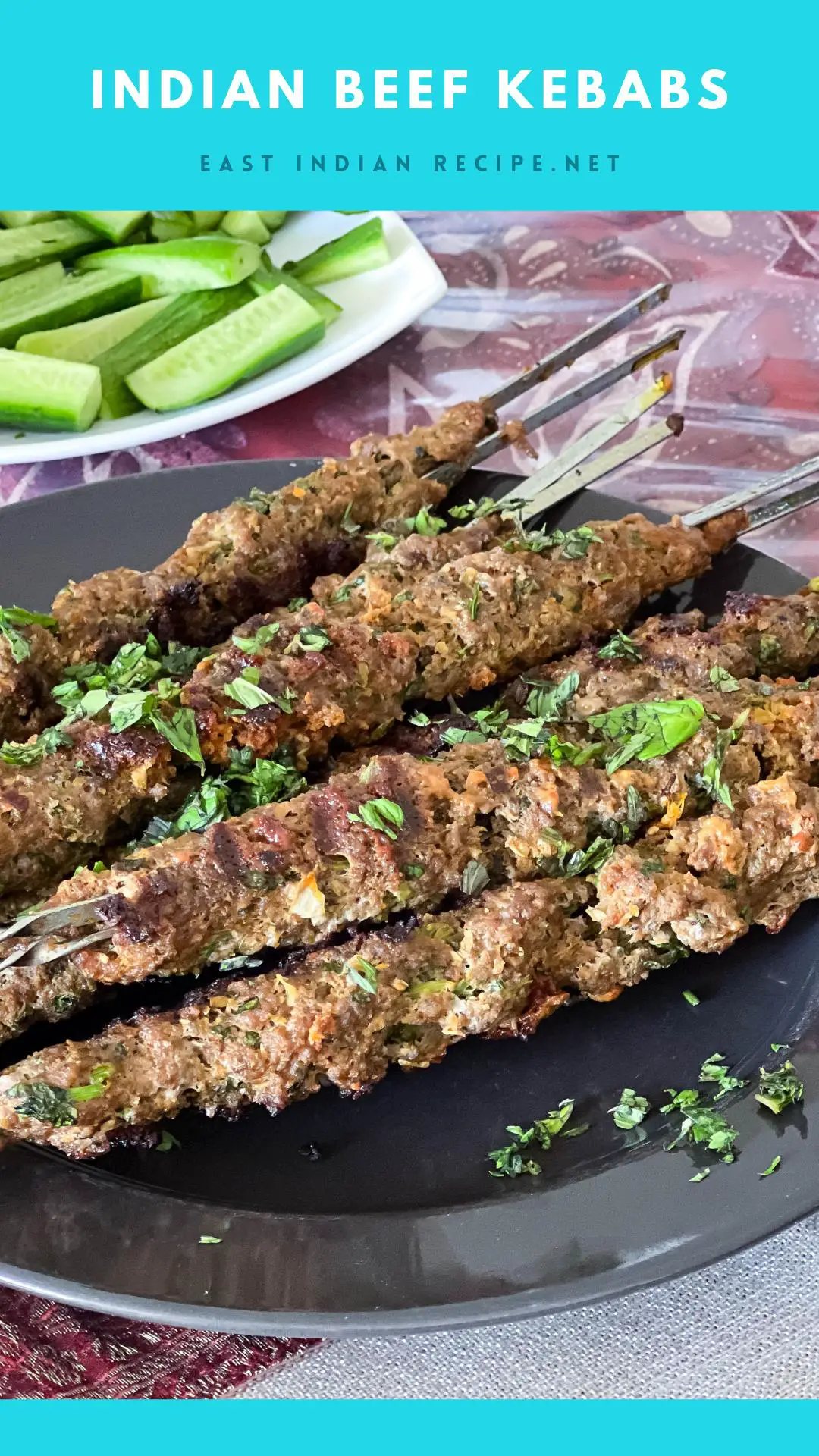 Pinterest image - plate with ground beef kebabs.