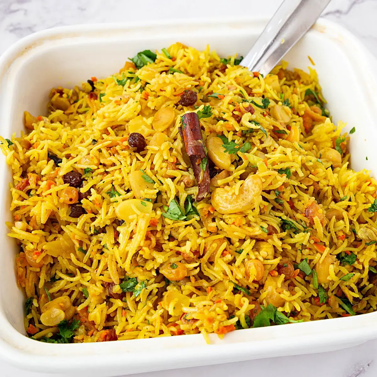 A casserole with Indian rice pulav.