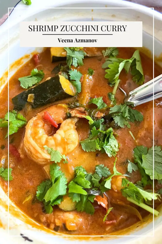 Pinterest image for prawn zucchini curry.