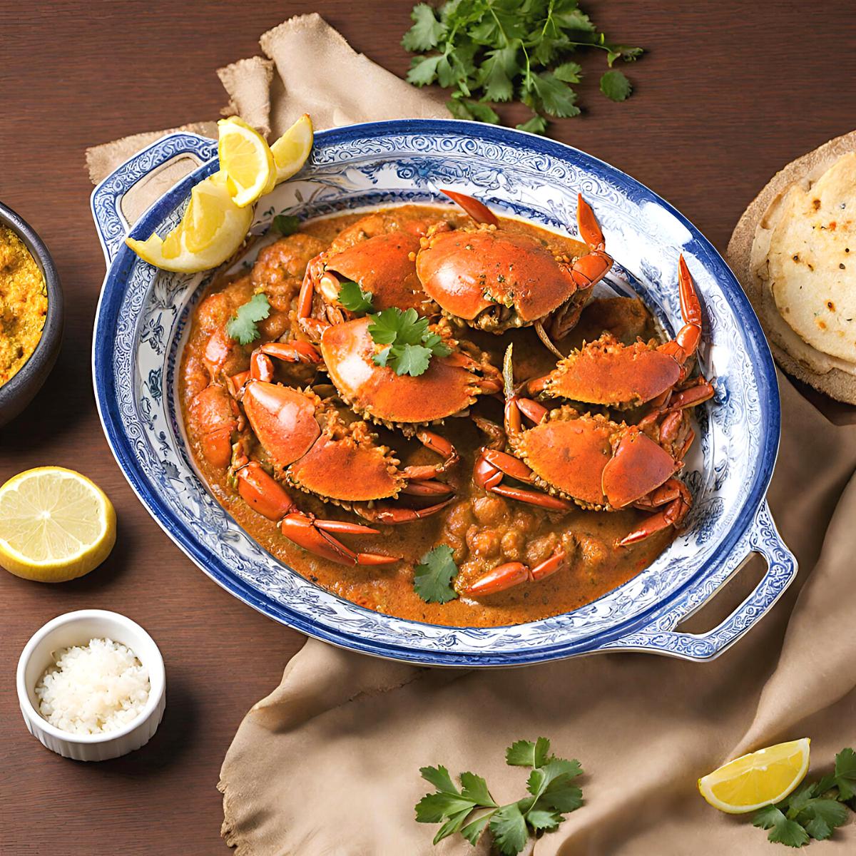 A skillet with crab curry.