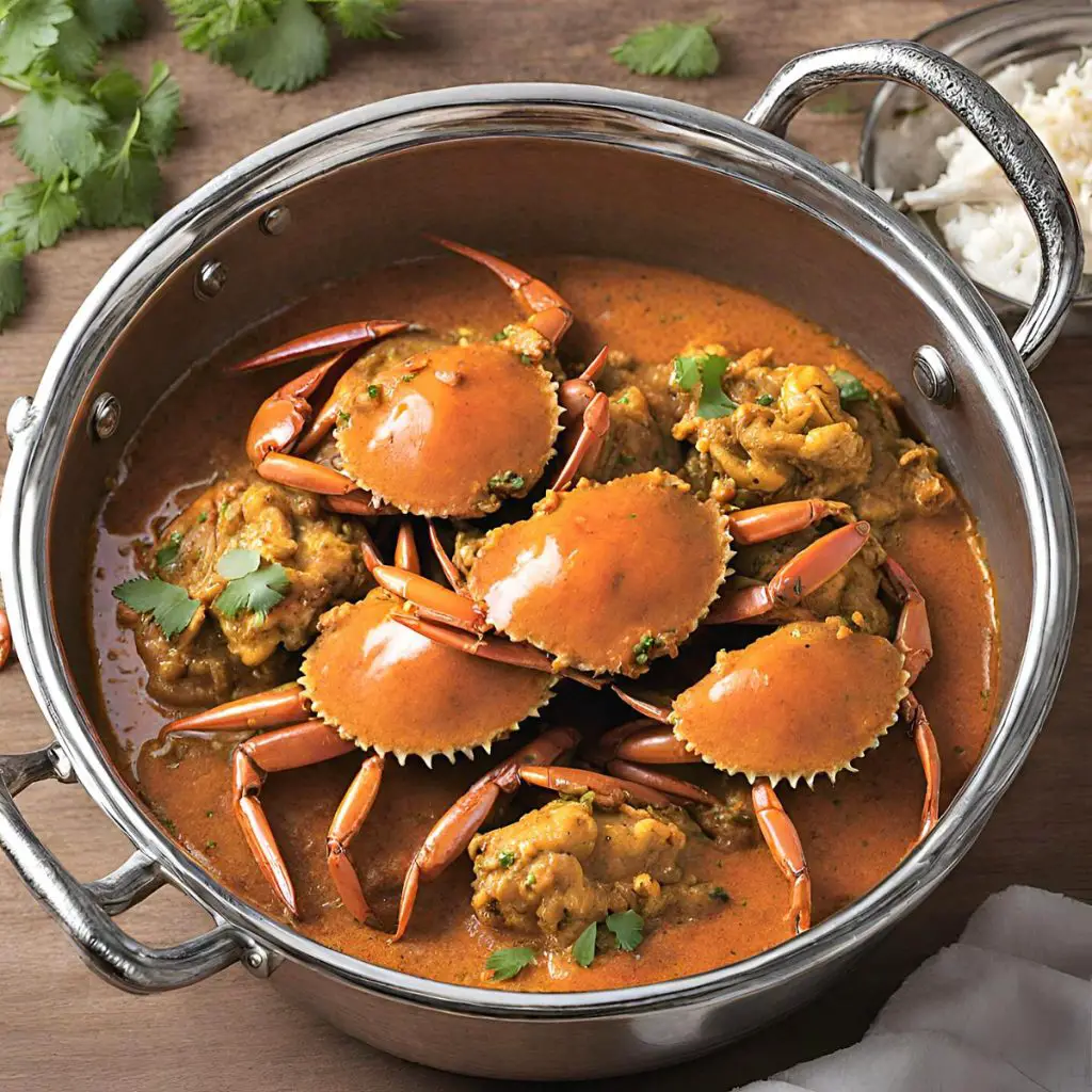 A skillet with crab curry.