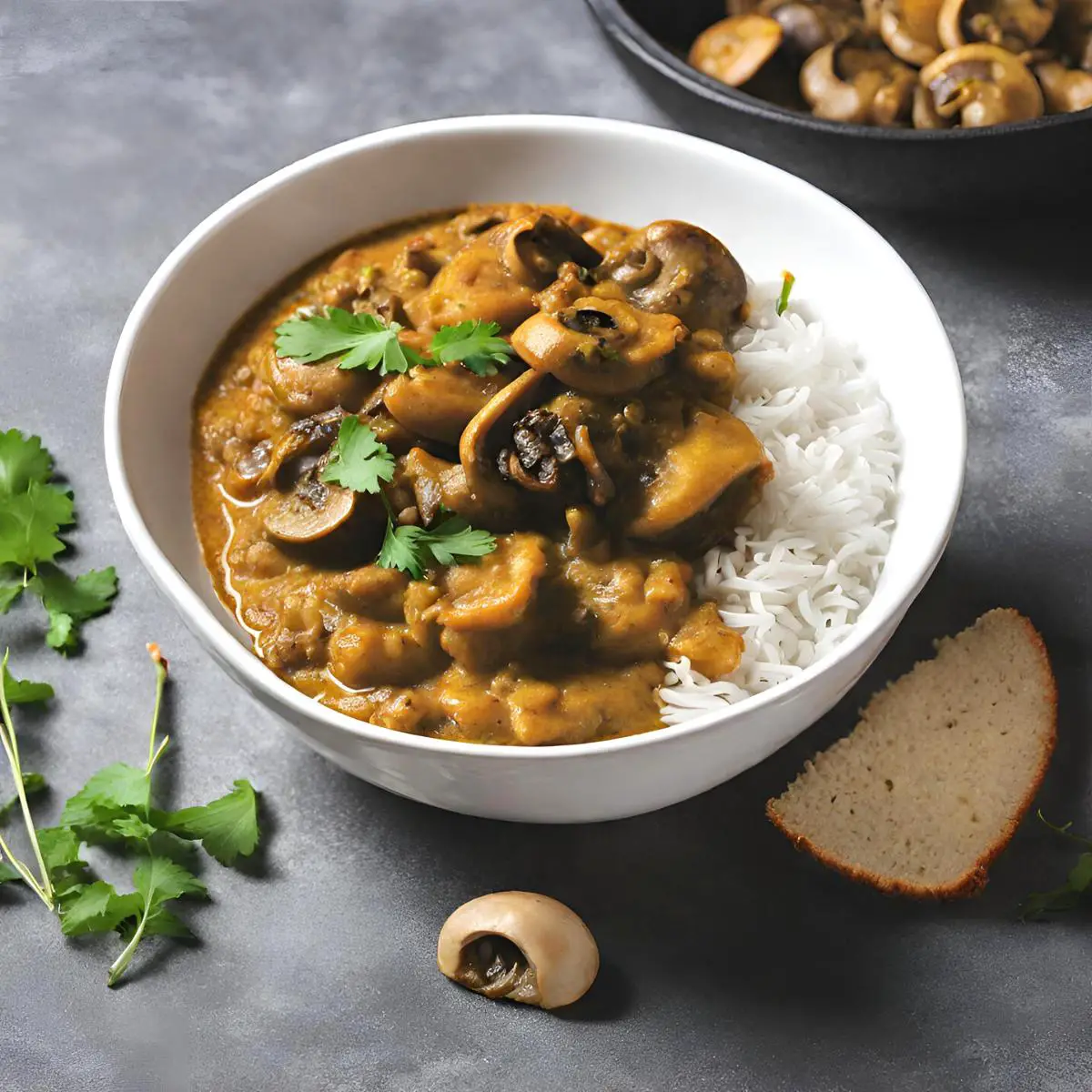 A bowl with mushroom curry on rice.