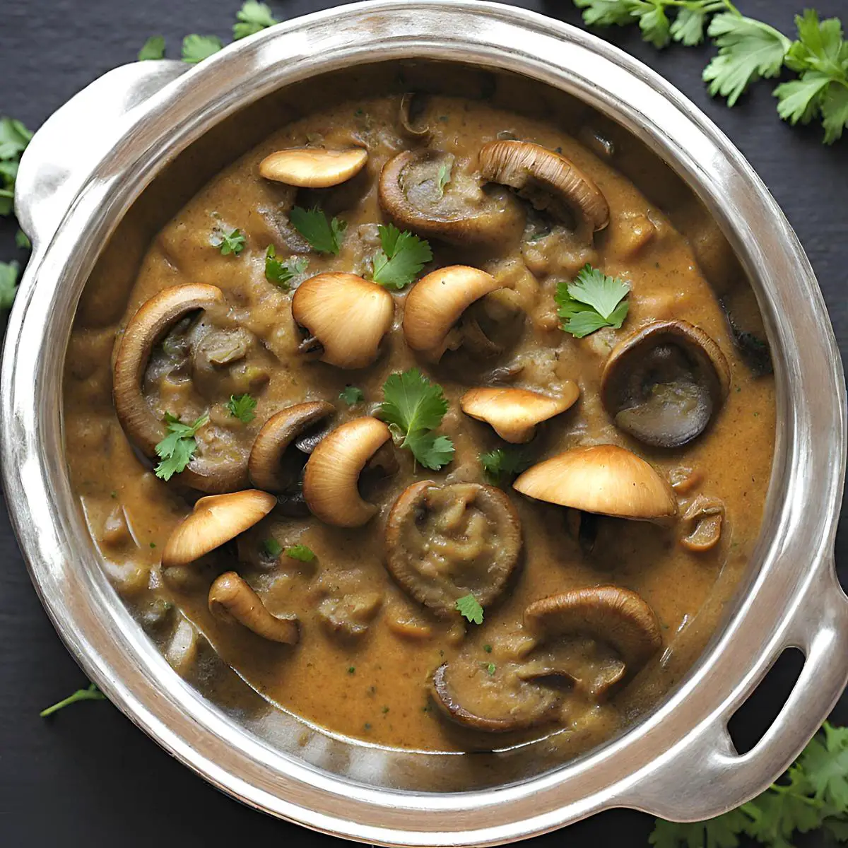 A skillet with vegan mushroom curry.