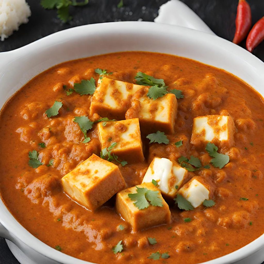A white dish with paneer masala.