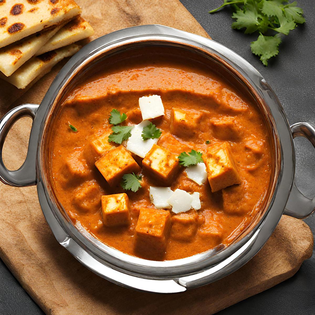A skillet with Paneer Masala butter.