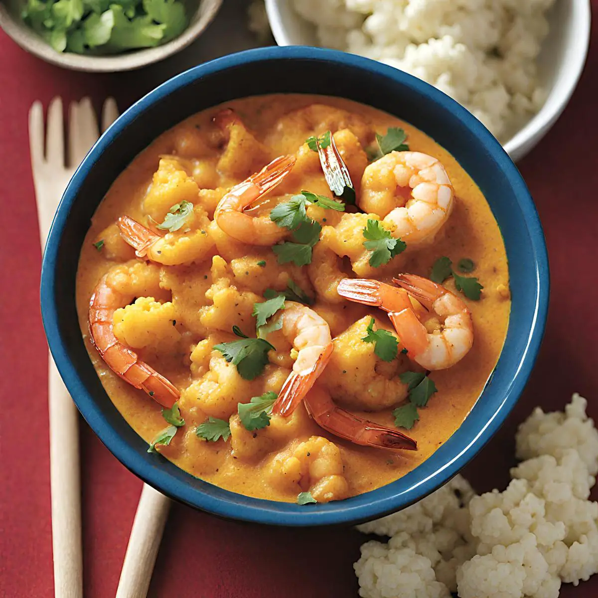 A bowl with cauliflower and shrimps.